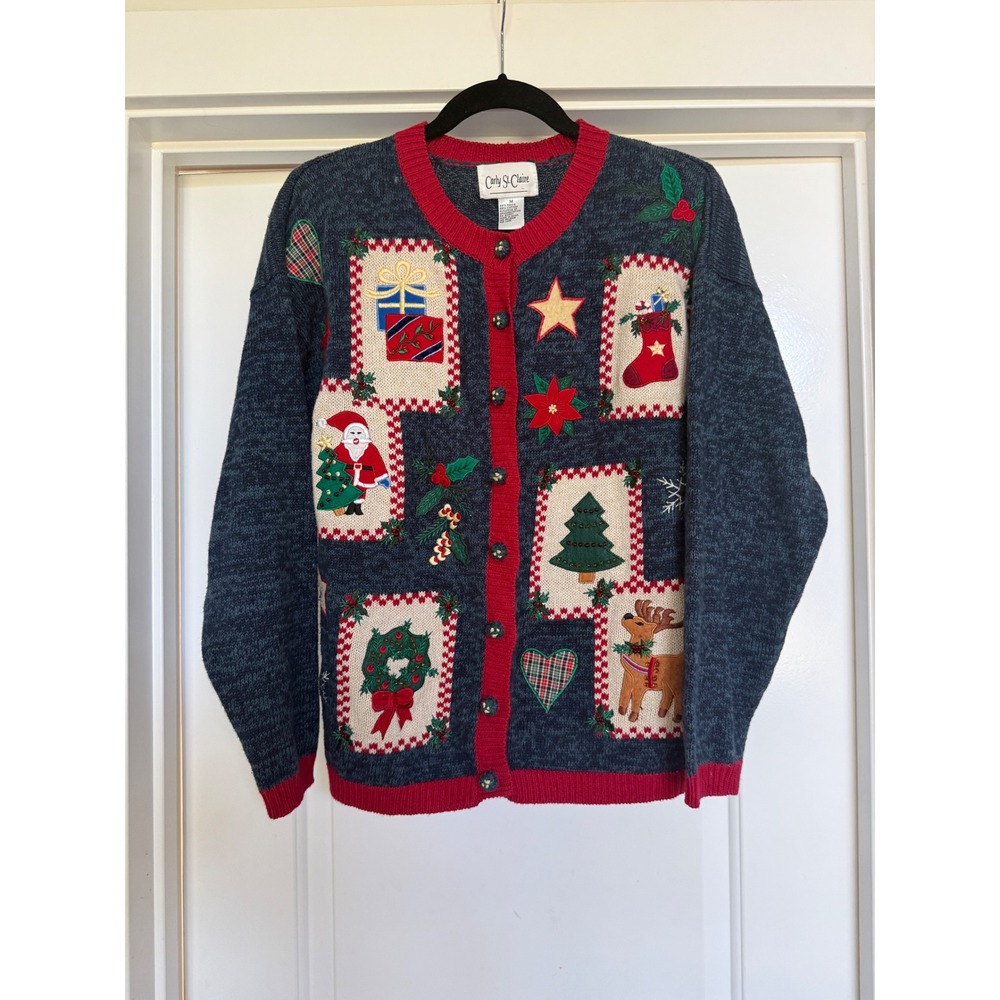CARLY ST CLAIRE Women‎ Cardigan Ugly Christmas Sweater Festive Kitschy Vintage M